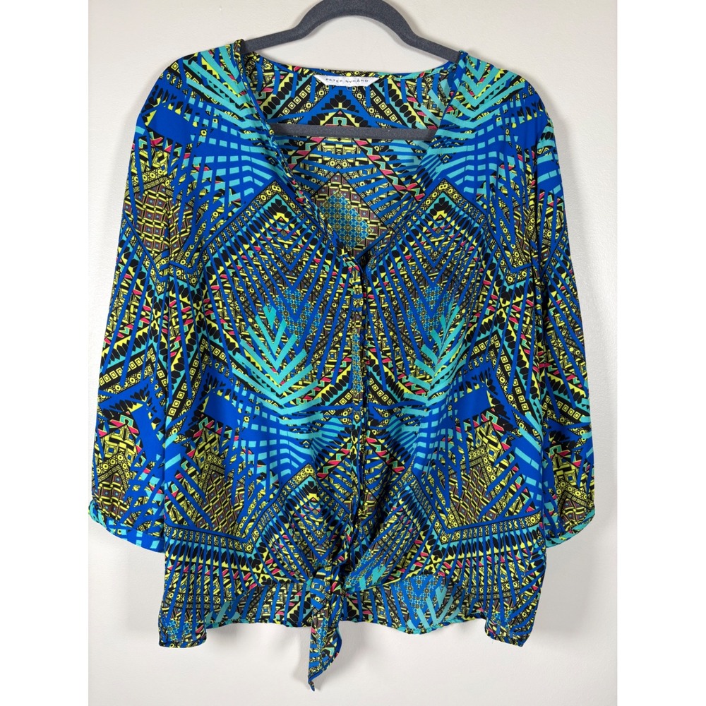 Peter Nygard Blue Geometric Tribal Print Button Front Tie Hem Top 3/4 Sleeve 16W
